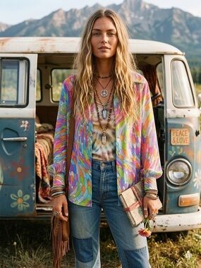 Retro Kaleidoscope Feather Print Shirt Vibrant Multicolor Festival Top M